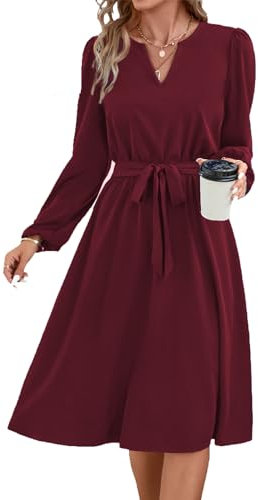 Yageshark Kleider für Damen Midikleid Langarm V-Ausschnitt Einfarbige Hemdkleid Elegant Casual Frauen Tunika Kleid (Wein,M)