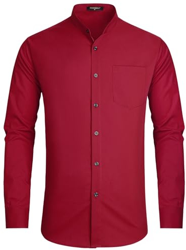 HISDERN Mens Shirts Long Sleeve Red Dress Shirts for Men Adult Collarless Shirt Men Casual Business Shirt with Pocket XXXL