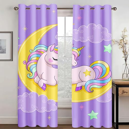 WEQEER Vorhänge Blickdicht Einhorn Verdunklungsgardine Karikatur Rosa Pferd Kinder Fenstervorhang Regenbogen Wolken drucken Vorhang für Kinderzimmer (3,100x140cm(2x50x140cm))
