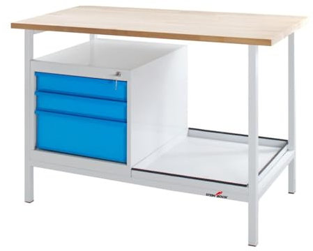 Steinbock Werkbank mit 3 Schubladen und Ablageboden | 300 kg Tragkraft | HxBxT 82,5 x 120 x 60 cm | Lichtblau | 4 cm Starke Holzplatte | stabiles Stahlgestell | Made in EU | Profi-Werktisch