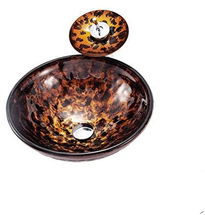 BLuVLy Artistic Vessel Sink Bathroom Tempered Glass Vanity Sink, Round Bowl with Waterfall Faucet Chrome and Pop up drain Combo, Above Counter Household Lavatory Bowl, Flame Brown