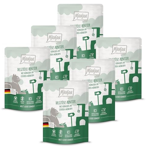 MjAMjAM - Premium Nassfutter für Katzen - Quetschie - deliziöses Rentier mit Hühnchen an leckeren Möhrchen, 6er Pack (6 x 300 g), getreidefrei mit extra viel Fleisch