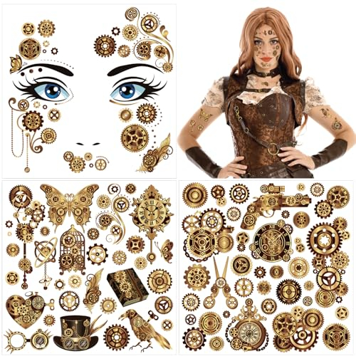 HOWAF Steampunk Accessoires Temporäre Tattoos, Gesichtstattoo Karneval, Zahnräder Aufkleber, Kostüm für Halloween Fasching