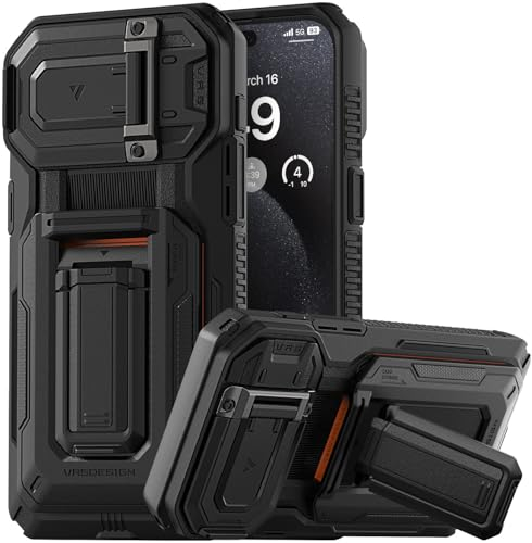 VRS DESIGN Origin Schutzhülle für iPhone 15 Pro Max (2023), robuste, halbautomatische Schutzhülle mit 3 Kartenfächern und Ständer, 3 Karten, Mattschwarz