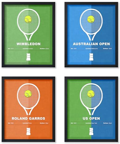 Poster Master 4-teiliges Sportposter - Tennis-Druck - Tennisschlägerkunst - Sportturnierkunst - Grand Slam - US Open - Australian Open - Wanddekoration für Fitnessstudio oder Büro - 28,9 x