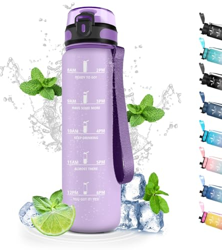 Gourde 1l, Gourde Sport Anti-Fuite, Gourde Filtrante pour Randonnée, Gourde Motivation avec Marqueur de Temps, Gourde Réutilisable, Facile à Nettoyer, Bouteille d'eau pour Running, Vélo, Campeggio