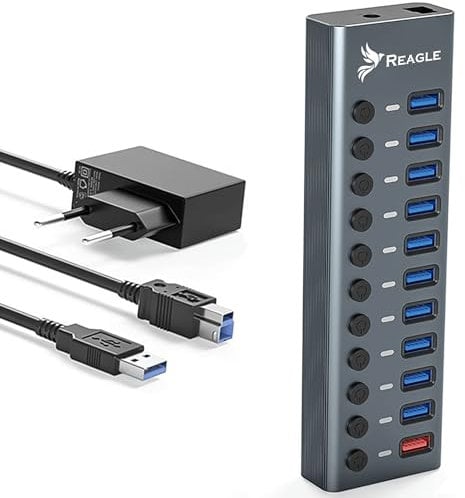 Reagle Aktiver USB 3.2 Gen 1 Hub mit 11 Ports (10 Daten, 1 Laden), 5 Gbps Datenübertragung, 36W Netzteil, Einzelschalter pro Port, Plug & Play, LED-Anzeigen, Aluminiumgehäuse