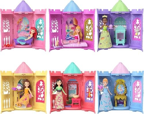 Mattel Disney Princess Tower Surprise Kleine Puppen & Zubehör, stapelbare Spielsets mit 4 Überraschungen & Freund aus Disney Filmen (Stile können variieren)