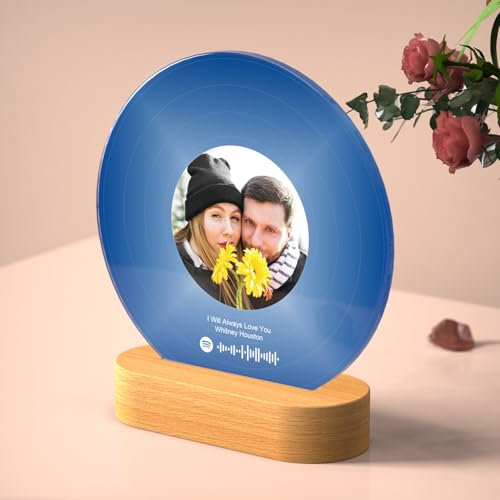 HOBULL Spotify Glas Personalisiert Bilderrahmen, Personalisierte Spotify Song Cover Glas Bild mit Foto Acrylglas und Musik Code, Bunt Runde Schallplatten Design Spotify Musik Foto Geschenk für Freund