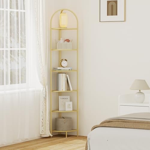 Homhedy 6-Tier Corner Shelf Stand, Metal Corner Bookshelf, Tempered Glass Shelves, Bathroom Storage Rack Shelf, Plant Stand, Modern Style, Golden