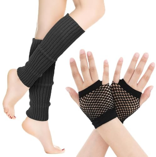 Neon Stulpen Damen Netz Handschuhe Set Retro Stretch Beinstulpen Netz Fingerlose Handschuhe 80er Jahre Outfit Party Sport Yoga Zubehör Schwarz
