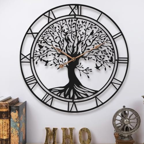 Dankeit Horloge murale arbre de vie, 61 cm en métal noir, motif arbre généalogique, horloge murale surdimensionnée pour salon, chambre à coucher, décoration d'intérieur, moderne et silencieuse