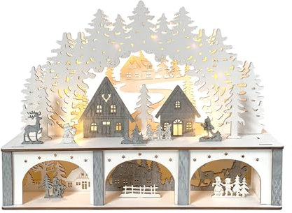 HTI living Schwibbogen Dorfidylle Weiß Grau Lichterbogen Weihnachtsdeko batteriebetrieben