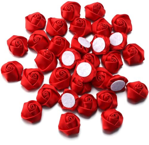 Wisafory 20 Stück Satinrosen Schleifen Rosen Mini Künstliche Blumen Rosen Köpfe Satinröschen Aufnäher Deko Rosen Blumen-Applikationen für DIY Basteln Scrapbooking Haarschmuck Rot 2 cm