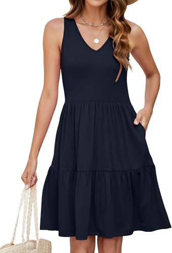 Hiistandd Summer Dresses for Women Sleeveless V-Neck Tiered Floral Mini Dress with Side Pockets Navy