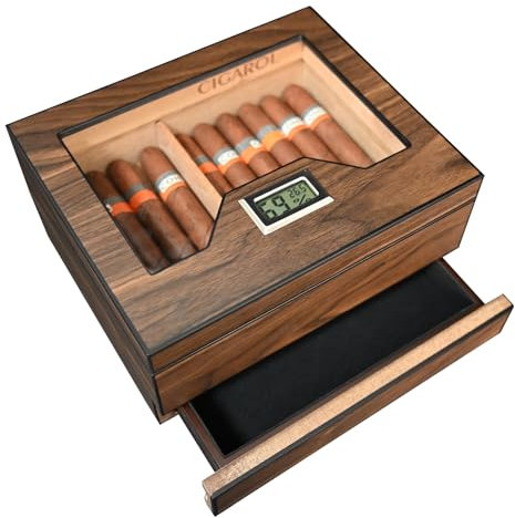 Volenx Boite a Cigare, Étui a Cigare en Bois de Cèdre avec Hygromètre et Humidificateur, Cave a Cigare Fait à La Main avec Tiroir pour 25-30 Cigare, Superbe Cadeau pour Hommes (Cigare Non Inclus)