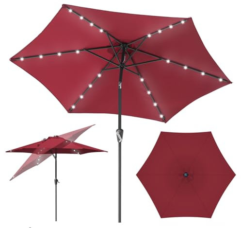Fiqops Parasol solaire à LED - Diamètre : 270/350 cm - Avec manivelle - Protection solaire UV 50+ - Parasol de marché imperméable pour jardin, balcon, sans support, rouge avec LED, 270 cm Beidseitig