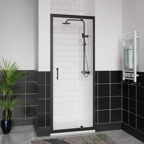 Aquariss 800x800mm Black Pivot Alloy Hinge Shower Door Enclosure with 800mm Clear Self Clean 6mm Shower Door Screen + White SMC Anti Slip Shower Tray and 90mm Waste