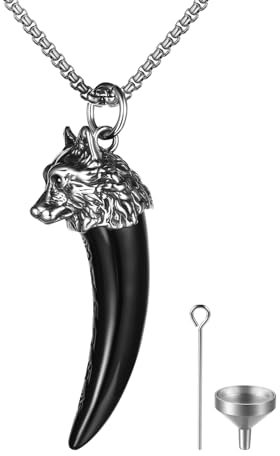 OIDEA Herren Wikinger Halskette mit Wolfskopf: Schwarz Wolfszahn Kettenanhänger mit Weizenkette aus Edelstahl Pulver Parfum befüllbar Vintage Wolf Viking Schmuck Geschenk für Männer Junge