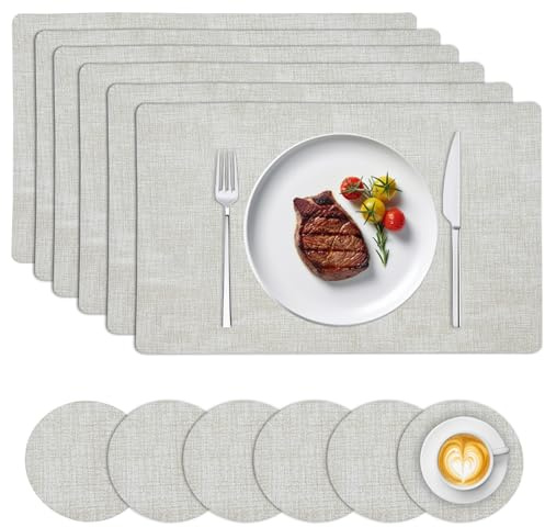 Placemats and Coasters Set of 6 with 6x Placemats + 6x Coasters Christmas Table Mats PU Leather Heat-Resistant Non-Slip Washable Dining Place Mats for Kitchen Wedding Party (Beige, Cloth Lines)