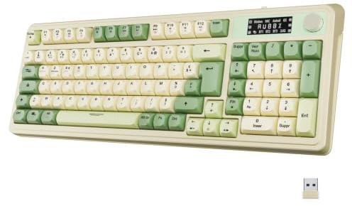 NEWWAY NK251 – Clavier sans Fil Rechargeable Affichage LCD Numérique Molette Multifonction - AZERTY français – Triple Mode (WiFi 2.4 GHz, BT, USB-C) – Rétroéclairage RGB - Récepteur USB au Dos