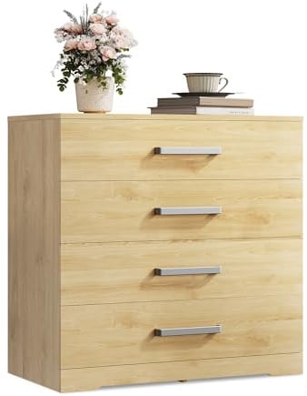 WLIVE Kommode mit 4 Schubladen, Moderner Schubladenschrank, Eiche | 40T x 75B x 73H cm, Glatter Metallschiene, Komodenschrank, für Schlafzimmer, Wohnzimmer, Flur