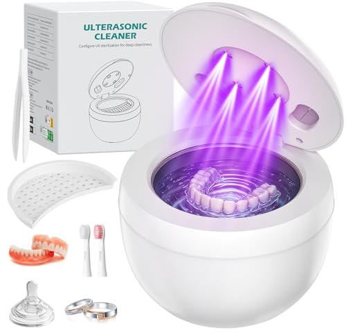 SHINER Nettoyeur Ultrasons, 45000Hz Bac a Ultrasons avec 4 UV Lampe et 4 Modes, 200ML Ultrasonic Cleaner Dental Pod pour Prothèses Dentaires, Gouttière Dentaire, Retainer, Bijoux (Blanc)
