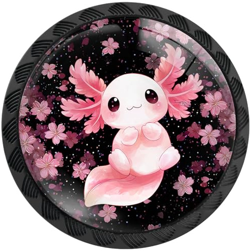 Artinhand 4 Pack Pink Axolotl Cabinet Knobs for Kitchen Bathroom | Whimsical Cherry Blossom Drawer Pulls Round Black Dresser Handles Hardware for Desk Cupboard Wardrobe Closet Door Decor