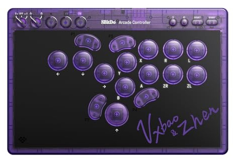 8BitDo All-Button Arcade Controller for Switch & Windows – 3 Connection Modes, Low-profile Linear Switches, 4 Programmable Buttons, Hot-swappable PCB - Transparent Purple Signature Edition