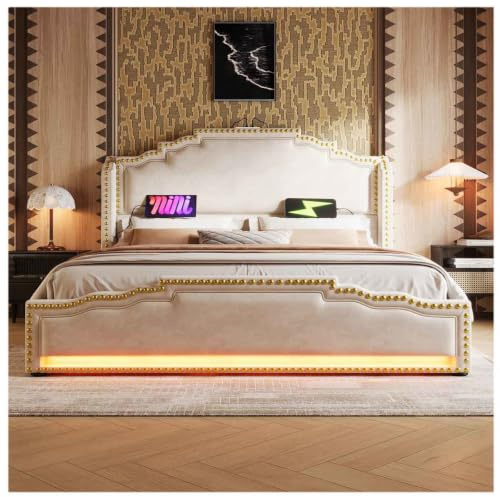 Bett 180x200 Mit Stauraum, mit 4 Schubladen Bett Mit Schubladen Samt,mit Kopfteil Bed 180x200 für Schlafzimmer,beige