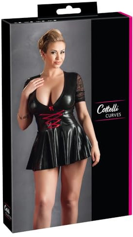 COTTELLI CURVES Lack-Kleid - verführerisches Mini-Kleid für Frauen, mit V-Ausschnitt, gekreuzter Schnürung, Spitzen-Ärmeln, schwarz/ rot