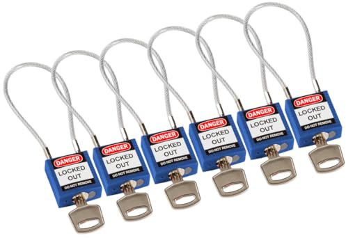 Brady Compact Cable Padlock 6-pack - Lockout Tagout Security Lock - Safety Padlock with Nylon Body and Sheathed Steel Cable - Keyed Alike - 32mm x 35mm x 16mm - Cable Length 200mm, Blue