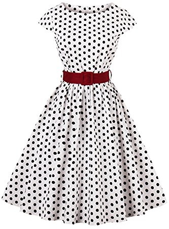 Axoe Damen 50er Jahre Audrey Hepburn Vintage Kleid Rockabilly Cocktail Partykleid Polka Dot- Gr. L (40), Weiß