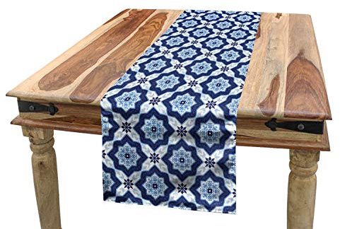 ABAKUHAUS Moroccan Table Runner, Azulejo Tile Pattern Diagonal Ceramic Pattern Star Design Ornament, Dining Room Kitchen Rectangular Runner, 16 X 72, Dark Blue White