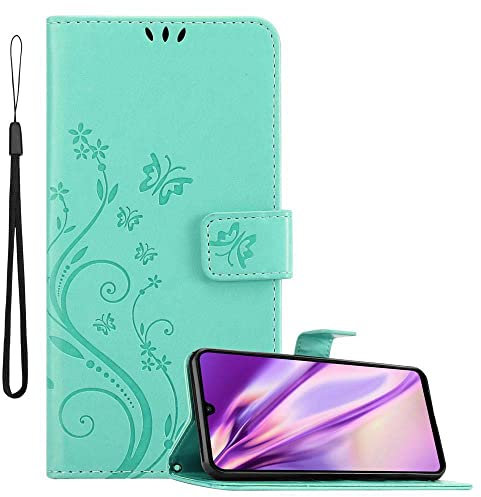 Cadorabo Hülle kompatibel mit Huawei P30 LITE Blumen Design aus Kunst Leder Flip Klappbare Stoßfeste Magnetische [Standfunktion] [Kartenfächern] Cover Hülle für Huawei P30 LITE Tasche in Türkis