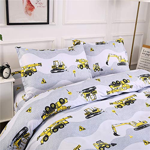 AShanlan Kinder Jungen Bettwäsche 135x200 Bagger Baustelle & LKW Motiv Kinderbettwäsche Set 100% Mikrofaser Weiß Grau Bettbezug mit Kissenbezug 80x80 cm