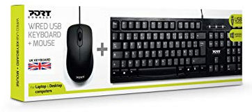 Port Connect Wired Keyboard and Mouse bundle Featuring 104 keys, USB 3 button scroll mouse, 1000 DPI optical sensor. 1.5m Cable length, Plug & Play installation.
