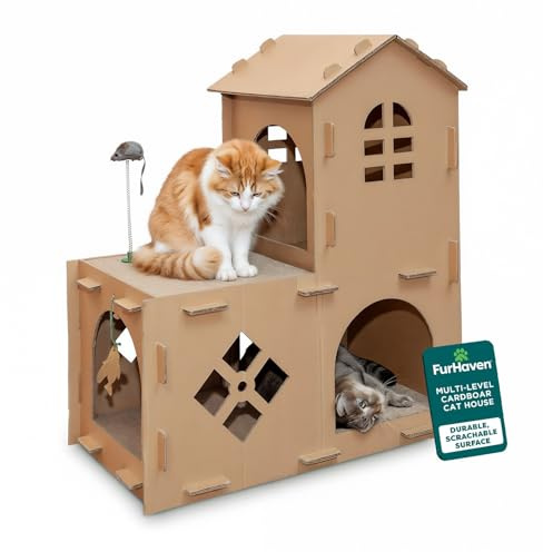 FurHaven Farmhouse Multi-Level Cardboard Cat House for Indoor Cats with Catnip & Toys, Double-Walled Corrugated Scratcher Designed for Lounging, Play & Comfort, One Size, Cardboard, Brown