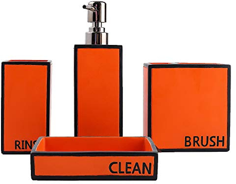 Hymmah Bathroom Accessories Set,Toothbrush Holder,Farmhouse Bathroom Decor,4 Pcs Resin Gift Set Apartment Necessities, Contain Toothbrush Cup,Soap Dispenser,Soap Dish,Tumbler Orange