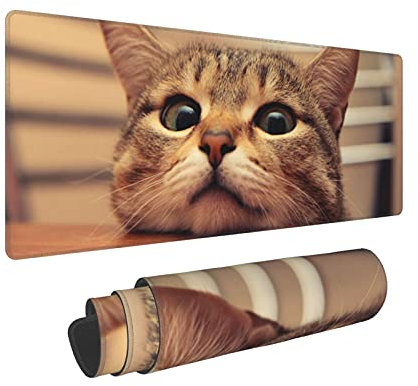 Tapis de souris XL 80 x 30 cm avec motif chat curieux et mignon, base en caoutchouc antidérapant, grand tapis de souris pour gamer, bureau, maison