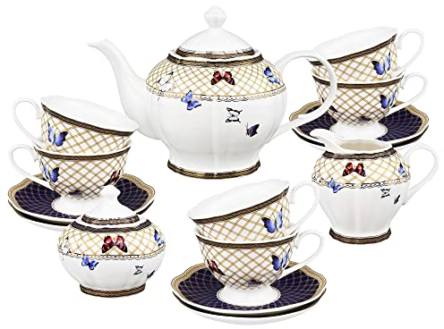 fanquare 21-Teilig Porzellan Teeservice, Buntes Schmetterlings Muster Kaffeeset, Nachmittags Tee Set für 6 Personen