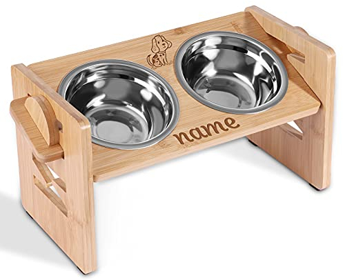 OXYEFEI Gamelles Surélevée pour Chat et Chien Personnalisée, Gamelle Chats Petits Chiens avec Nom Gravé, Réglableset 2 Bol en Inox Pieds Antidérapants, Bambou (style 1), 34cm×18cm×20cm