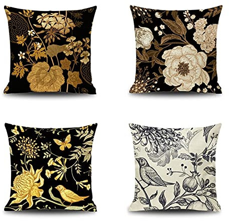 Lieson Dekokissen Kinderzimmer, Dekokissen Kinderzimmer Set 4er Dekokissen 45x45 Kissenüberzug Schwarz Gelb Grau Blätter Der Vogelchrysantheme, Leinen