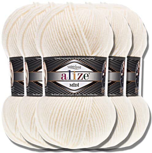 Alize 5 x 100g Superlana Midi Türkische Premium Wolle Baumwolle und Acryl Uni Handstrickgarne | Yarn | Garn | Strickgarn Einfarbig Baby zum Häkeln Stricken Kleidung Schals (Cream | 62)
