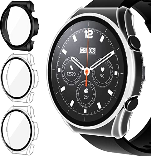 ivoler 3 Pièces Dur PC Coque avec Protection écran en Verre Trempé pour Xiaomi Watch S1, Couverture Complète Étui de Protection Anti-Rayures Bumper Housse (2 Transparent + 1 Noir)