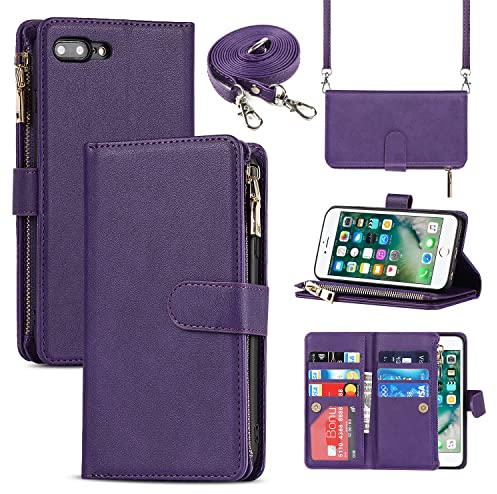 Cavor Crossbody iPhone 7 Plus/8 Plus Case With Card Holder With Strap,Flip Leather Wallet Case,[9 Card Holder] Zipper Detachable Lanyard Phone Case Cover for women - Purple