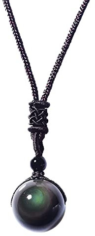 zalati Collana Ciondolo in Ossidiana Naturale con Corda Intrecciata Stile Occhi Arcobaleno per Regalo di Pietra Fortunata