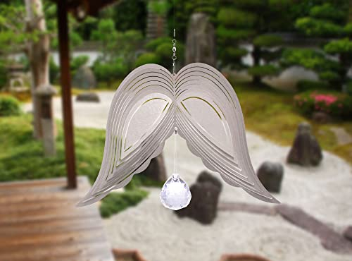 Illumino Edelstahl Windspiel Engelsflügel Angelo-ALA mit 30mm Kristallkugel für draußen hängend, Gartendeko für draußen, Fensterdeko hängend