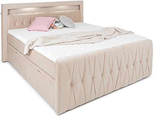 wonello LED-Bett 180x200 mit Bettkasten - gemütliches Bett mit Matratze und Topper - Valencia Stauraumbett 180 x 200 cm mit Schubladen Samt-Stoff beige