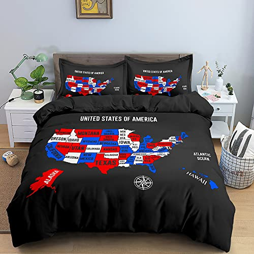 NDXRWDZR Bettwäsche 155x220 Schwarze Usa-Karte Bettwäsche-Set mit Reißverschluss Schließung Bettbezug für Kinder Jungs Weicher Atmungsaktive Mikrofaser Bettwäsche + 2 Kopfkissenbezug 80x80 cm
